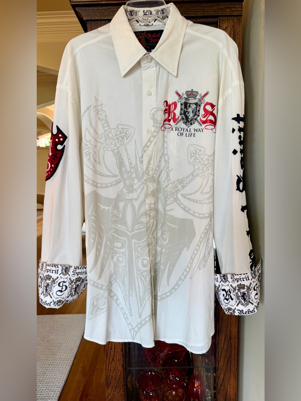 Rebel Spirit White Long-Sleeve Button-Down Shirt w Red & Black Crest 3XLT Men’s
